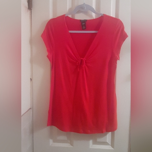 GAP Maternity Cap Sleeve V-Neck Top Front Keyhole Tie Accent Medium Rust Orange - Picture 3 of 7